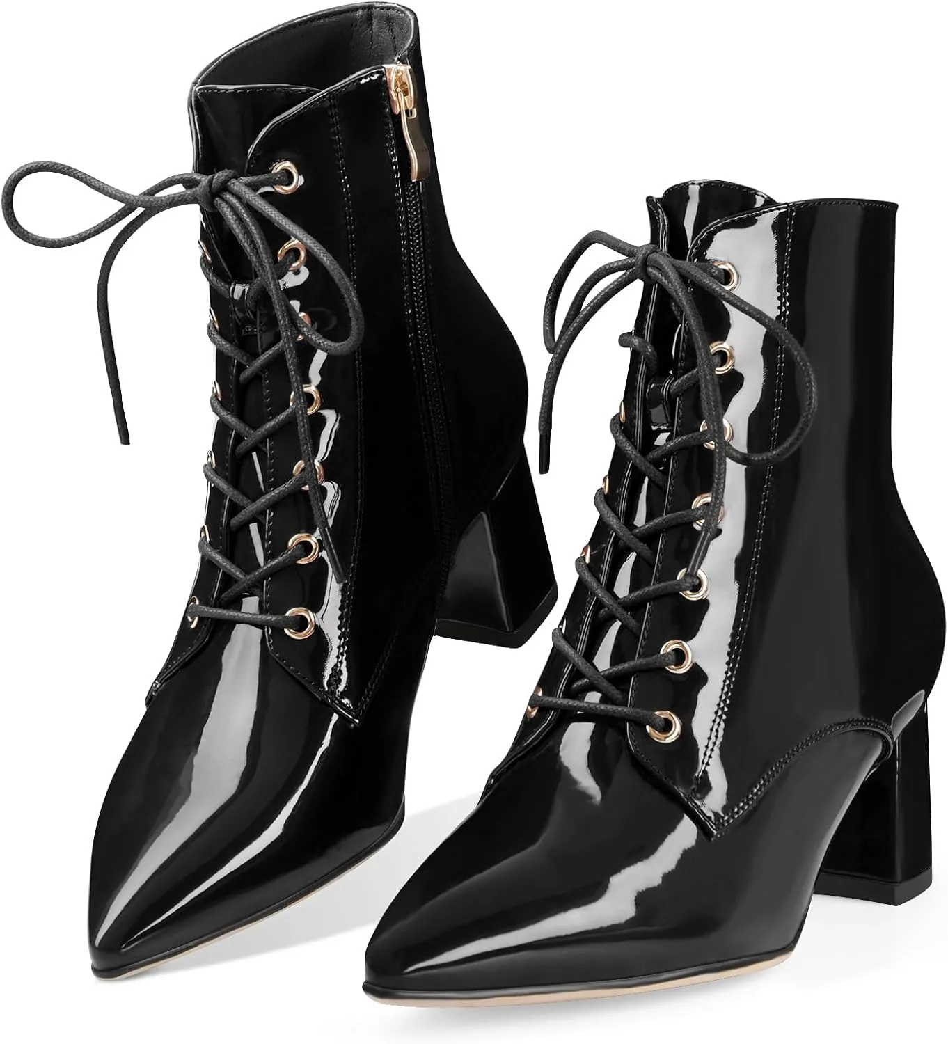 Z.Oufeier Women's Chunky Ankle Boots with Low Block Heel Fashion Leather Lace Up Pointed Toe Heeled Booties