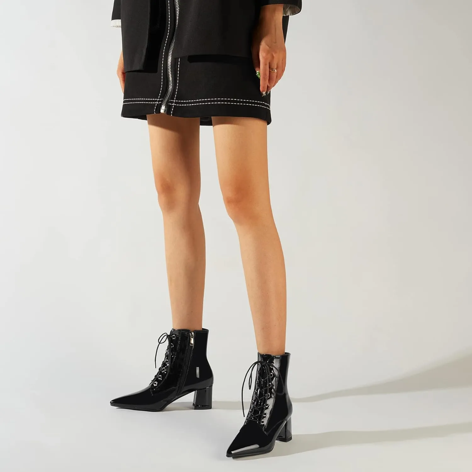Z.Oufeier Women's Chunky Ankle Boots with Low Block Heel Fashion Leather Lace Up Pointed Toe Heeled Booties