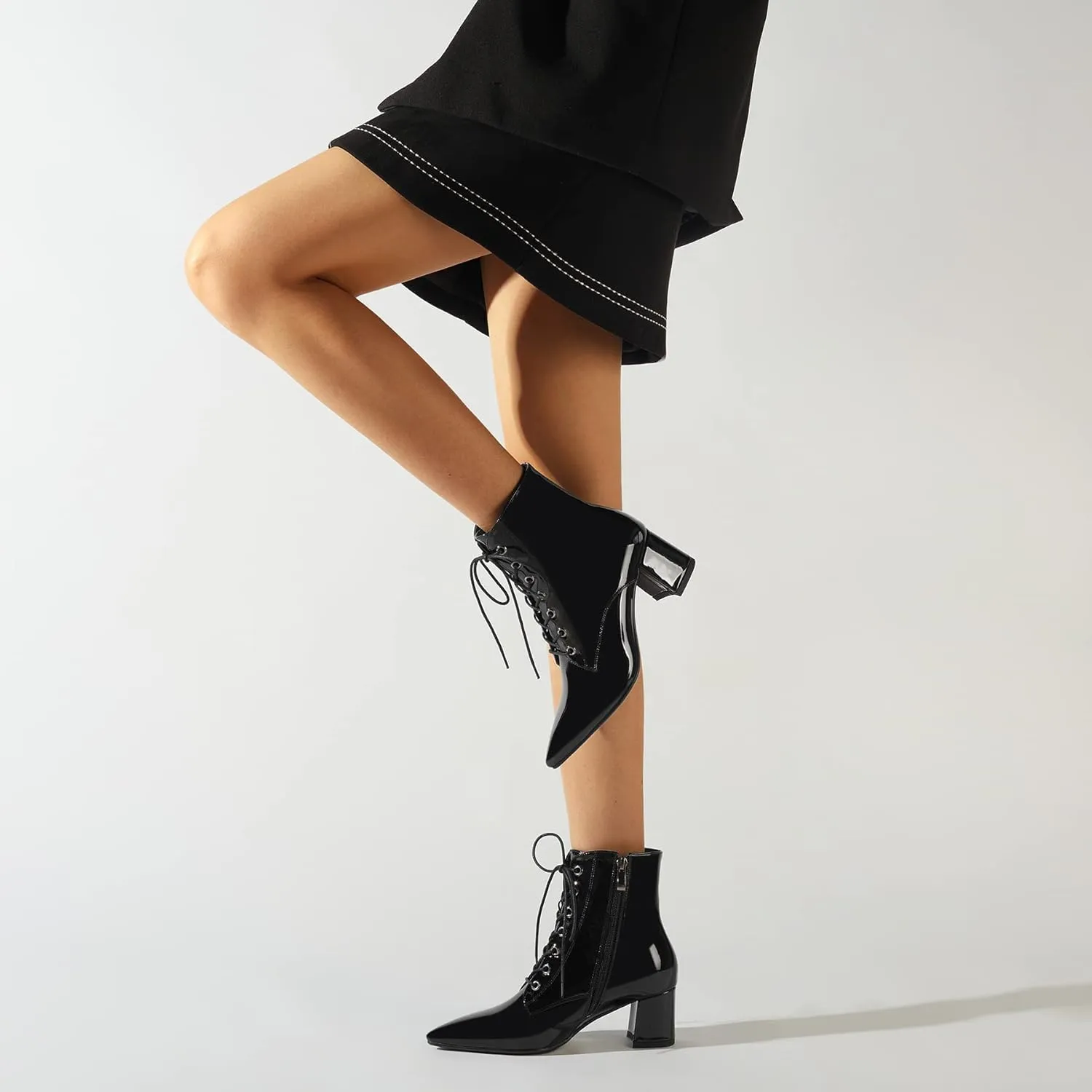 Z.Oufeier Women's Chunky Ankle Boots with Low Block Heel Fashion Leather Lace Up Pointed Toe Heeled Booties