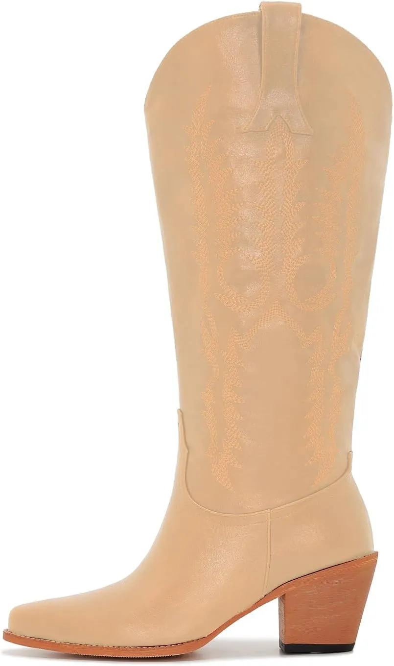ZXHYZLZ Cowboy Boots For Women Wide Calf Knee High Tall Western Style Comfortable Ladies Plus Size Cowgirl Boots Chunky Heel