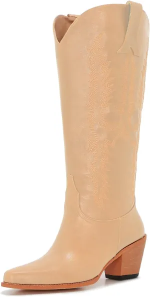 ZXHYZLZ Cowboy Boots For Women Wide Calf Knee High Tall Western Style Comfortable Ladies Plus Size Cowgirl Boots Chunky Heel